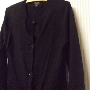 LADIES, PETITE, SMALL BLACK CARDIGAN, WITH EMBELISHED BUTTONS, WOOL